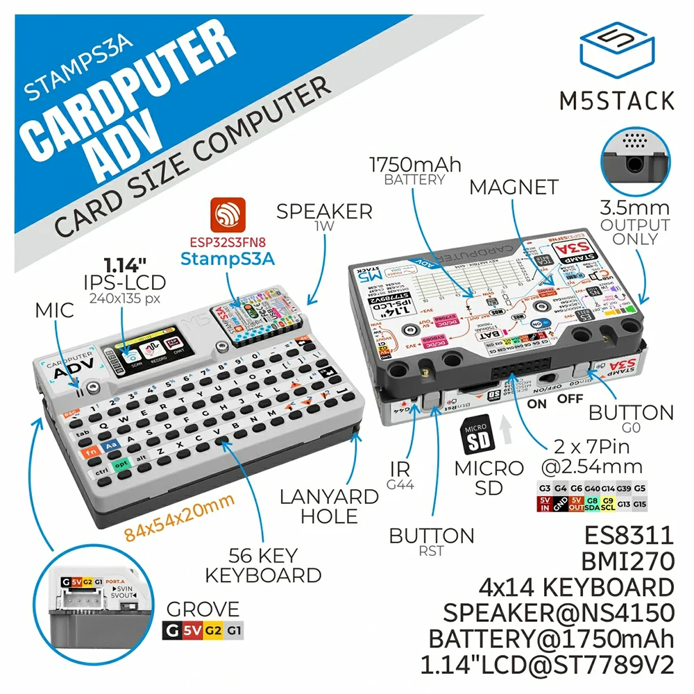 M5Stack Cardputer Adv ESP32 Card Computer 56 Key Programmable Development Board Stamp-S3A for IoT Intelligent system KIT