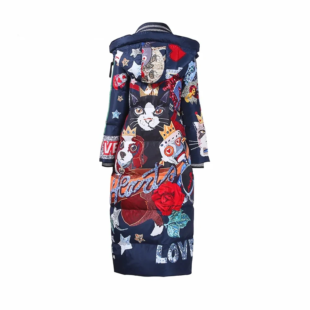 MIUXIMAO  Fashion Loose Parka  Dog  Flower Print Vintage X-Long Women Winter CoatFemale Overcoat Extremely Warm Down Coat Women