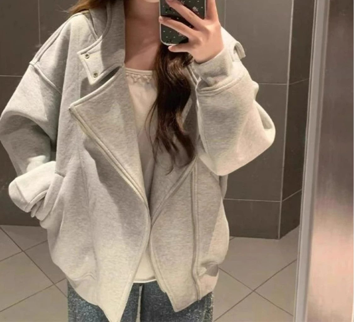 2025 Spring and Autumn Double Zipper Cardigan Hoodie with Thick Velvet Design