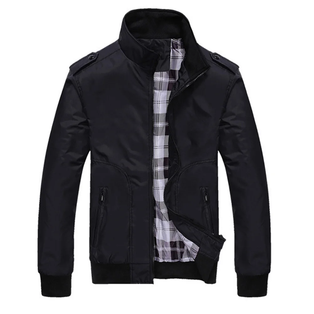 Solid Color Men's Transitional Jacket with Stand Collar Long Sleeve and Regular Length Optimized for Slim Fit Spring Autumn Use