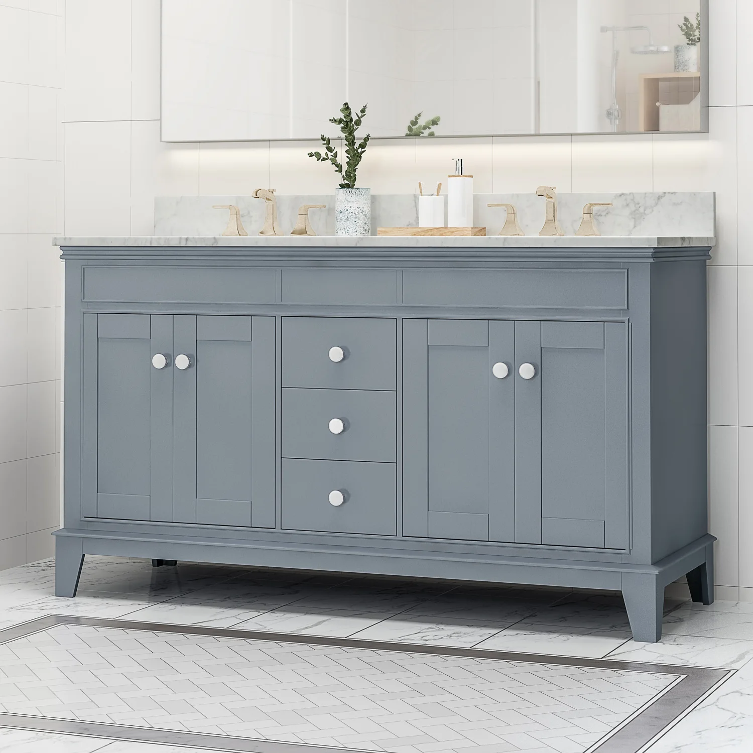 61'' Bathroom Vanity with Marble Top & Double Ceramic Sinks, 3 Drawers, 4 Doors, Gray