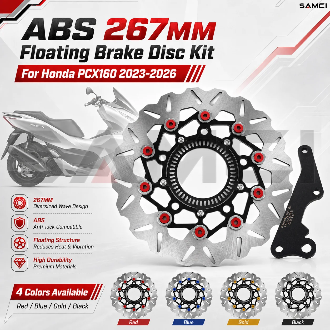  Motorcycle Floating Brake Disc For HONDA PCX160 2023-2026 267MM ABS Disc Rotor Aluminum Alloy Caliper Adapter Bracket Kit