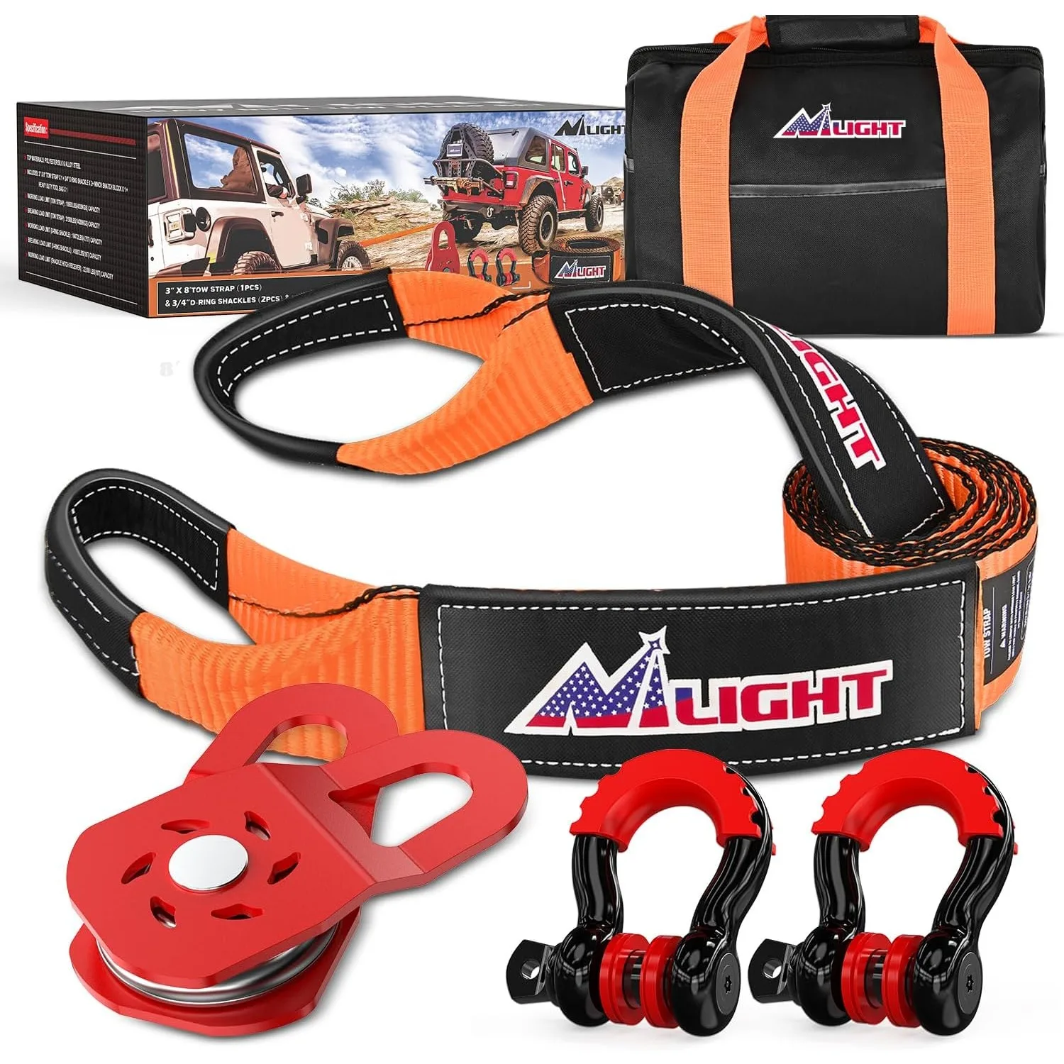 

Nilight Offroad Recovery Kit 3"x8' Tow Strap Heavy Duty Winch Snatch Block D-Ring Shackles Storage Bag Truck SUV Recovery Gear