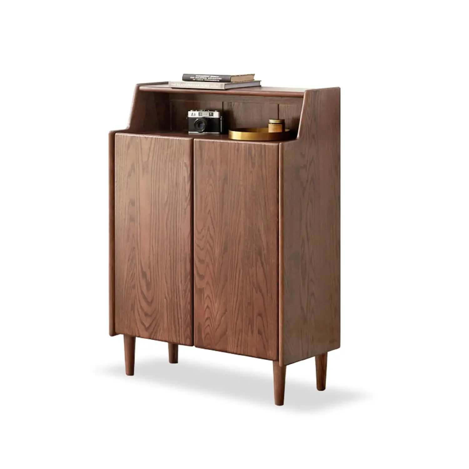 Solid Wood Shoe Cabinet With Doors & 4-Tier Shelves, Mid Century Shoe Rack For Entryway, 13.8