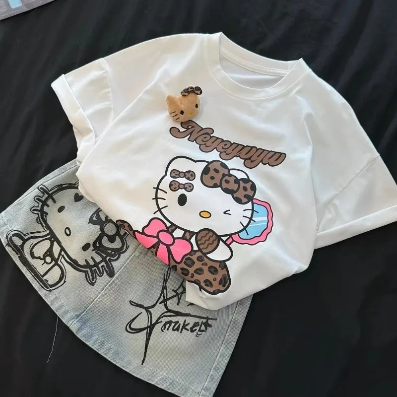 

Комплект с короткими рукавами для девочек, новая футболка с принтом аниме «Hello Kitty», модная ковбойская короткая юбка, комплект одежды для девочек, подарок
