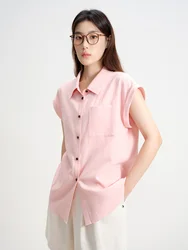 DUSHU Women Sleeveless Green Blouses Polo Neck Single Breasted Cotton Loose Shirts Commuter Simple Pink Summer Tops 24DS82825