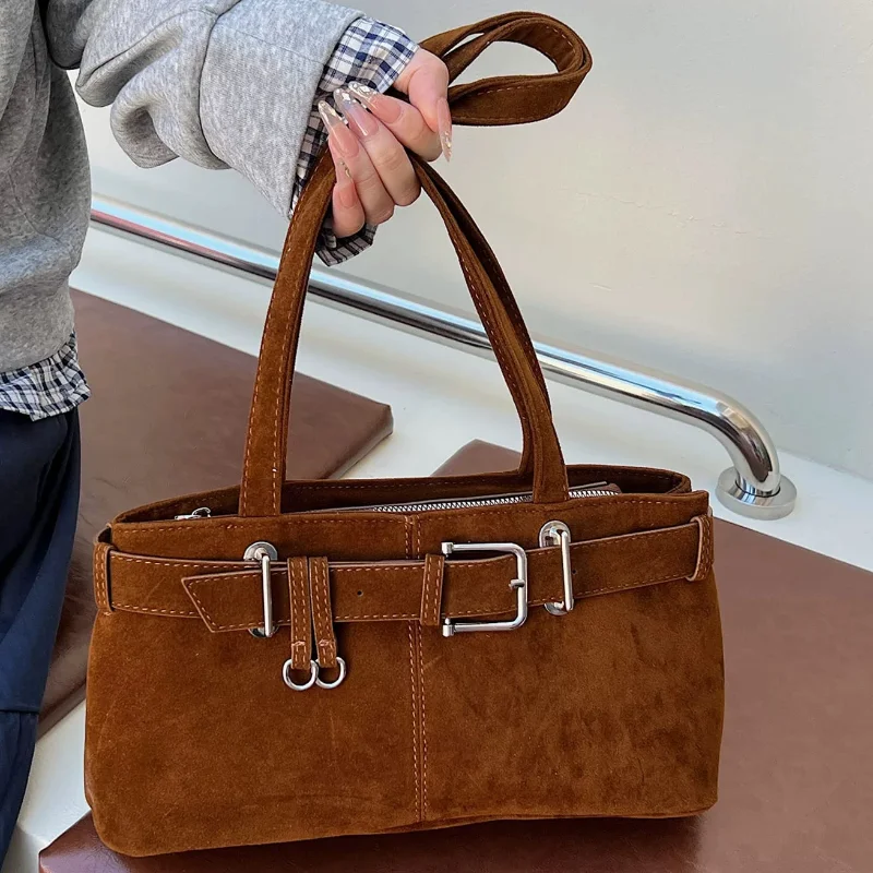 

Retro Women's Shoulder Bag Fashion Simple Belt Buckle Handbag, Korean Style High-end Suede Frosted Casual Versatile Underarm Bag
