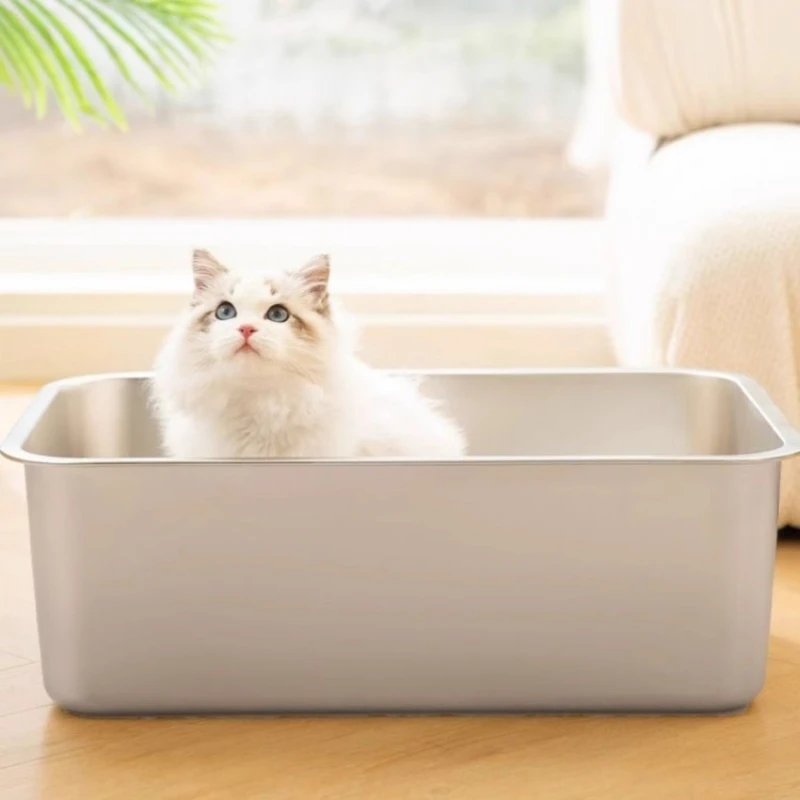 

Stainless Steel Jumbo Cat Litter Box Open Top Kitty Toilet Non-Stick Pet Potty Tray Easy To Clean Bedpans for Multiple Cats