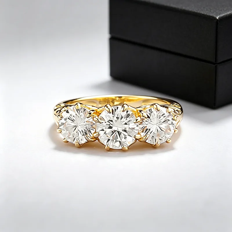 14K Gold Three-stone 6mm D Color Moissanite Ring 925 Sterling Silver Party Wedding Band Rings for Women Engagement Jewelry Gift