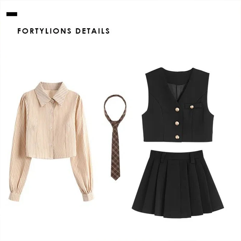 كوريا طويلة الأكمام أعلى أسود تنورة قصيرة دعوى النادي الليلي حزب اللباس جديد نمط Preppy تنورة صغيرة الربيع y2k أربع قطع مجموعة النساء #6