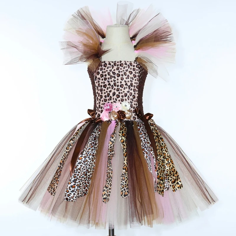Tropical Jungle Cheetah Print Tutu Dress Flower Embellishment for Talent Show Carnival Wildlife Inspired Cosplay Styling Attire