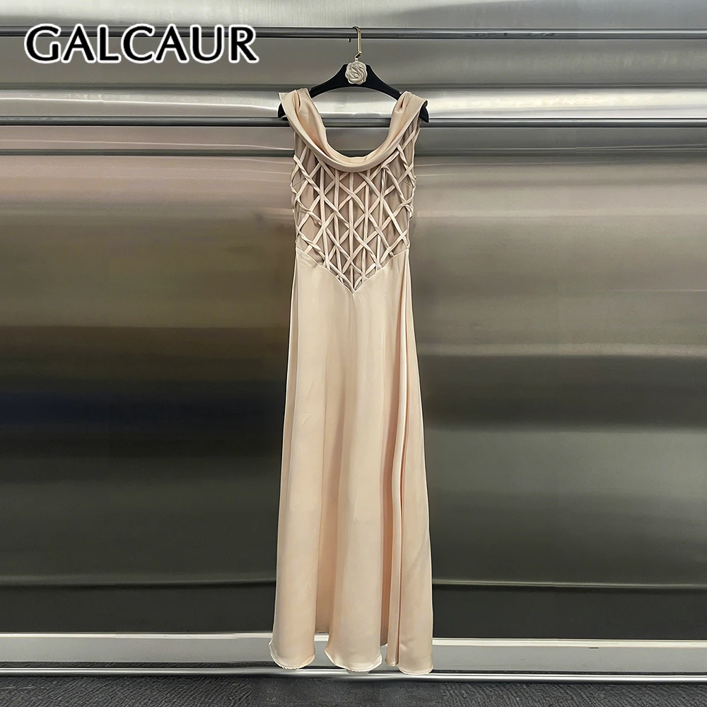 

GALCAUR Solid Spliced Hollow Out Dresst Female Swinging Collar Sleeveless Loose Light Luxury Women's Dresses Summer Fashion New