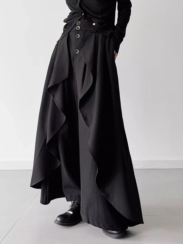 Gothic Hip Hop Pant Women Loose Streetwear Design High Waist Y2K Trousers Fall American Harajuku Buttons Ruffles Black Pants New