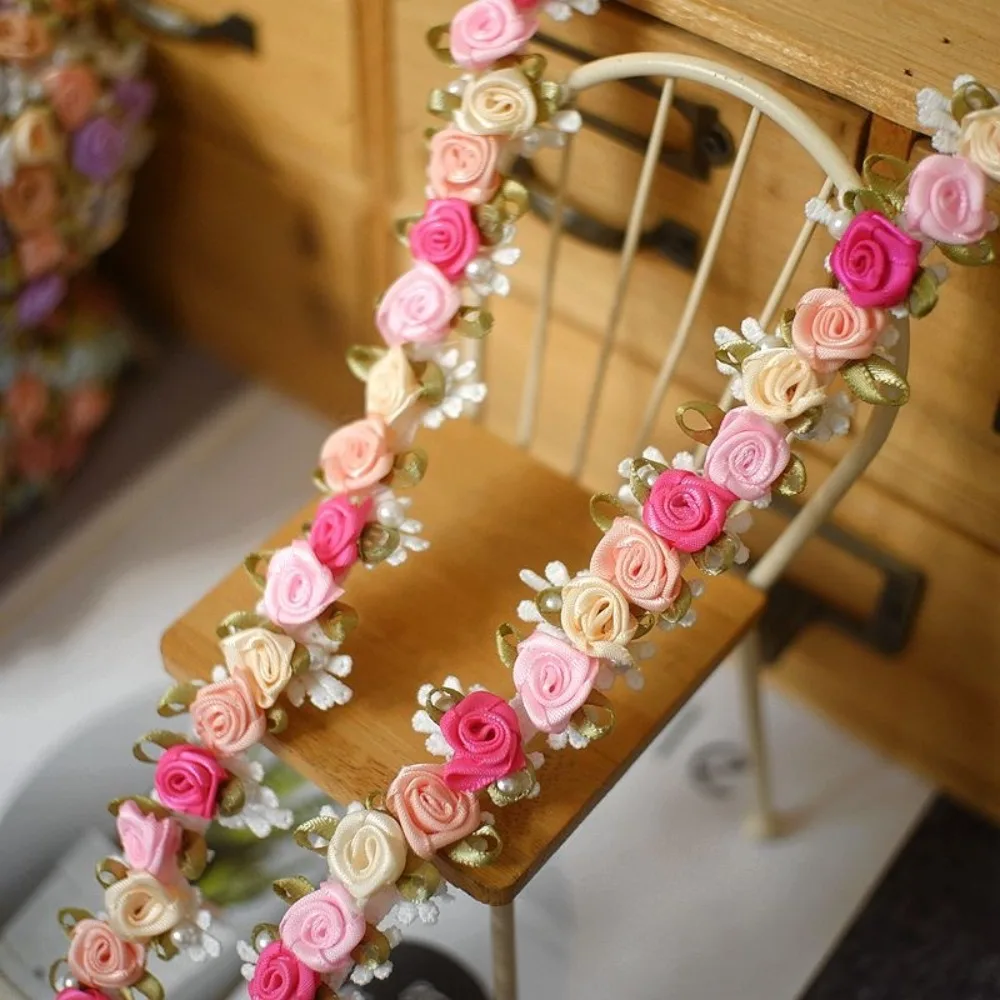 1Yard 2.5CM Wide Embroidery Rose Flower Beaded Lace Ribbon for Fringe Trim Braid Decor Crafts Applique Collar Sewing Materials