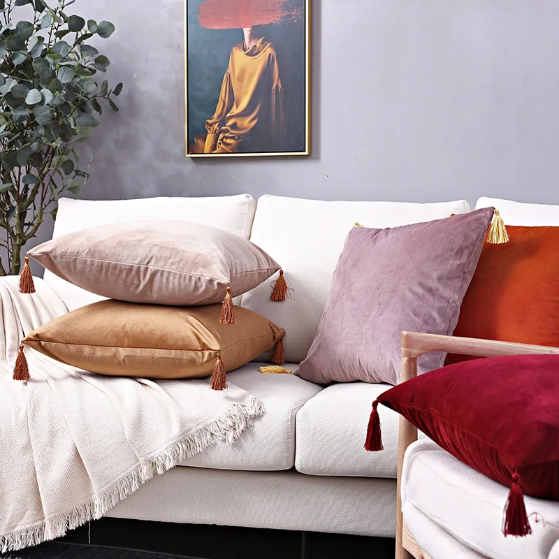 Nordic Minimalist Solid Velvet Throw Pillow Covers Elegant Tassel Plush Cushion Cover 30x50 Pillow Cover with Zipper Home Decor