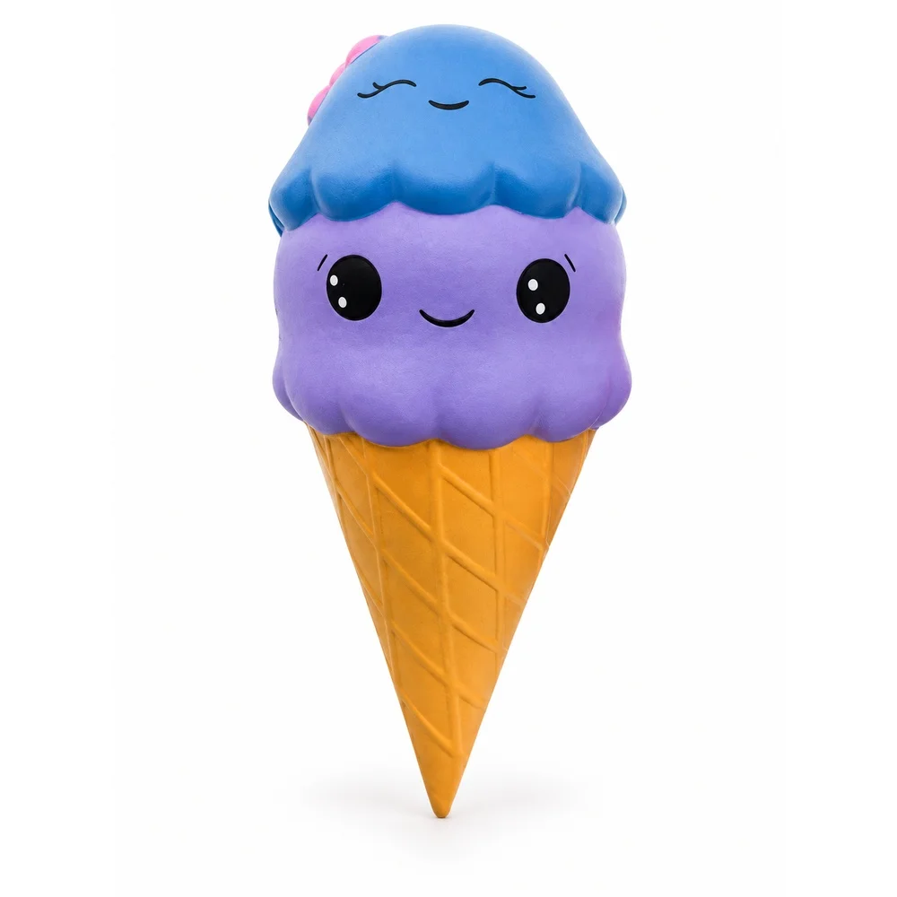 Ice Cream Squishy Toy Soft PU Slow Rising Foam Blue Purple Double Scoop Smiling Cone Squeeze Fidget Gift for Teens and Adults