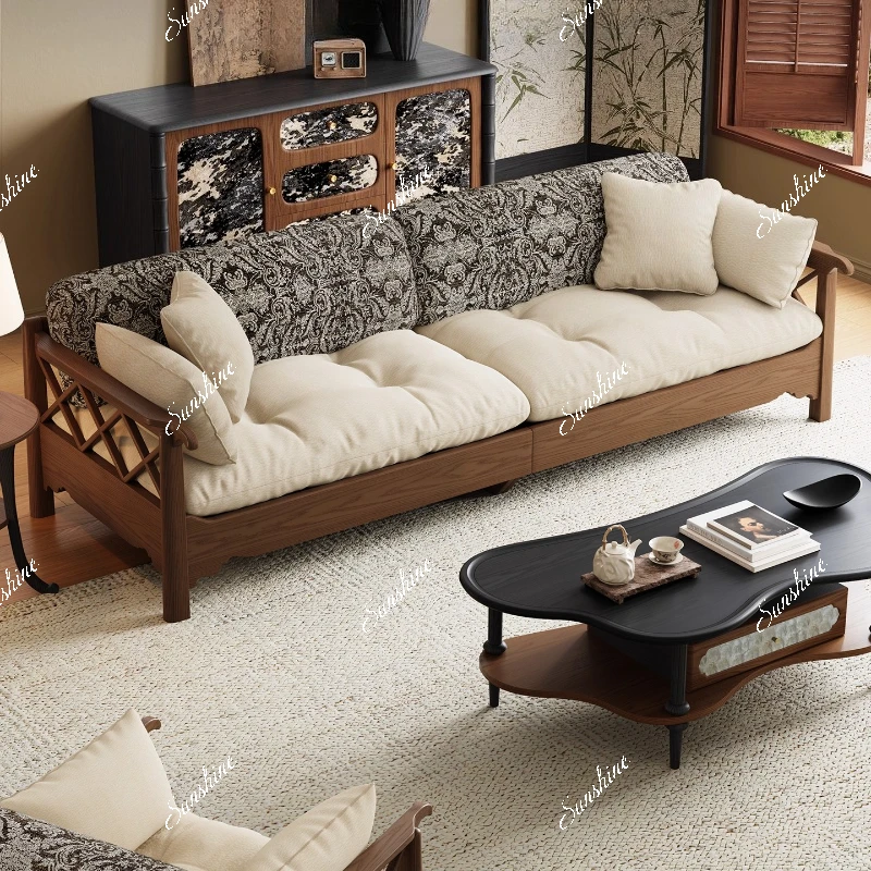 French retro, solid wood straight row sofa size apartment living room