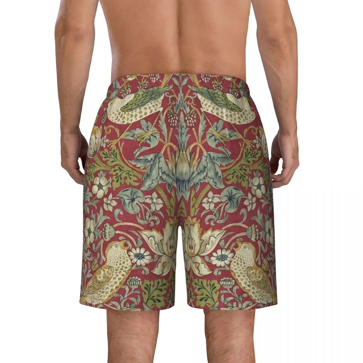 William Morris Quick Dry Swim Trunks, Boardshorts de natação, Padrão Floral Têxtil, Shorts praia, Morango, Ladrão, Red Swimwear