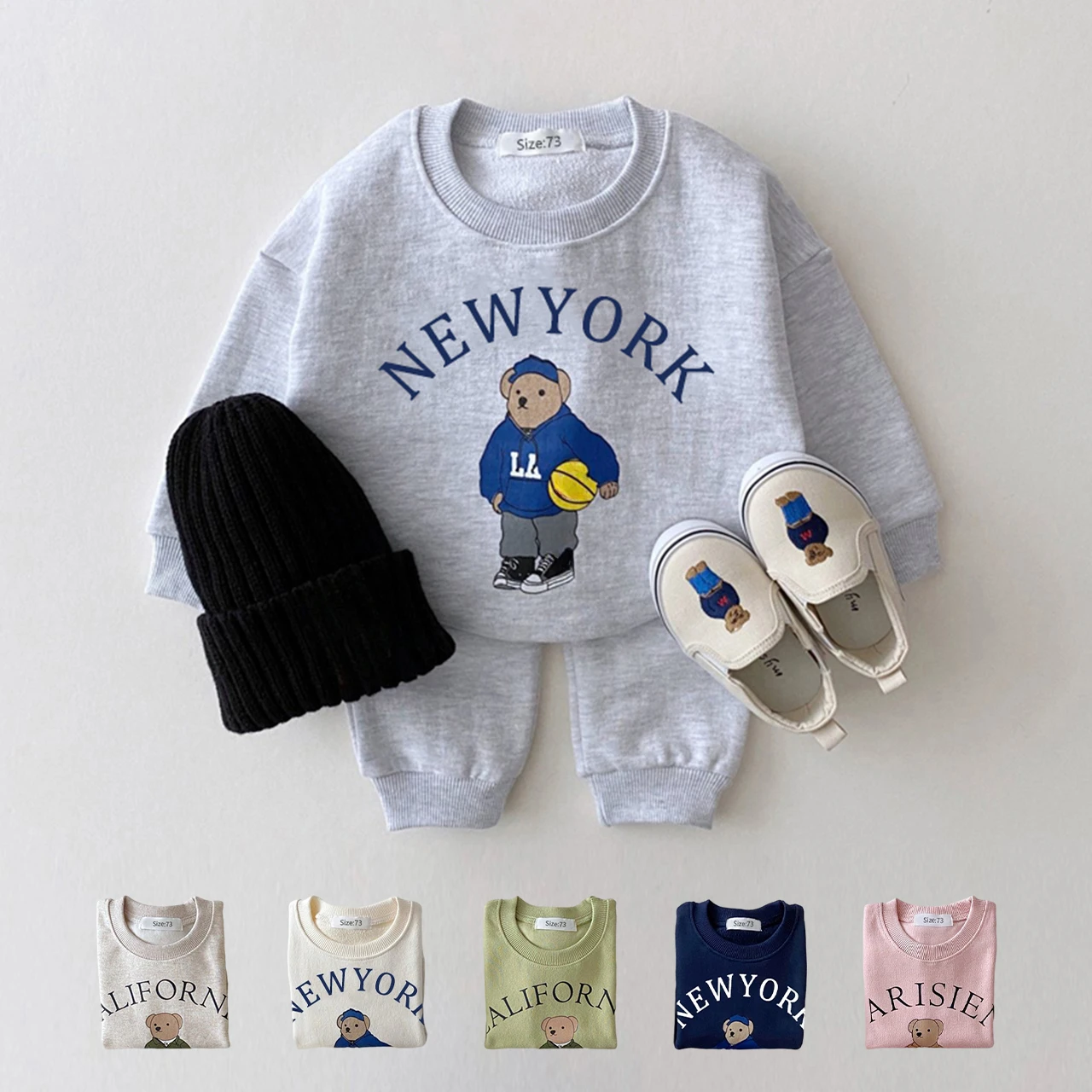 Newborn Boys and Girls Baby Bear Embroidered Print Pullover Long Sleeve+Sports Pants Two Piece Set Korean Spring and Autumn