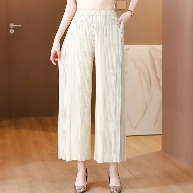 Miyake Pleated Wide-leg Pants Hip-covering Thin Fashionable Simple Casual Pants Elastic Waist Solid Color Pleated Wide-leg Pants