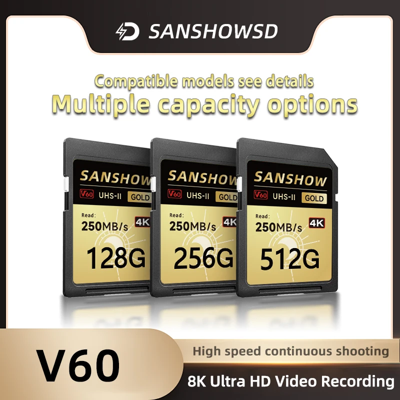 V60 SD Card, UHS-II, U3, Read Speed 250MB/s, Write Speed 150MB/s, 128/256/512GB, High Capacity Memory Card for 4K 8K RAW Video R