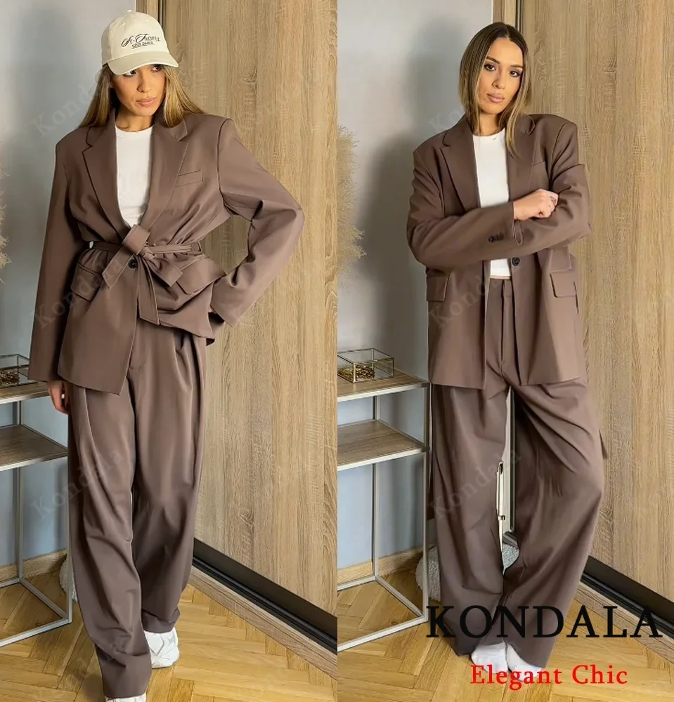 

KONDALA Women Fall Brown Belted Blazer Set Vintage Blazer OR Casual Pant Suit New 2025 Spring Fall Fashion Commuter Female Suit