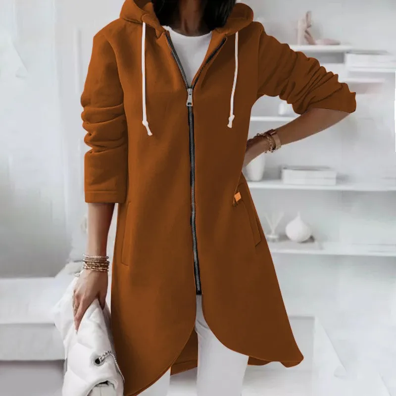 2023 Autumn Casual Coat Women Long Hoodies Sweatshirt Zip Up Outerwears Hooded Jacket Winter Pockets Outwear Female Warm Tops