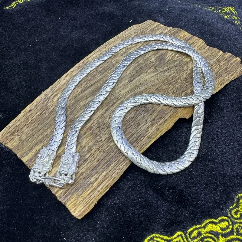 Vintage Silver Tone Dragon Head Braided Chain Necklace, Retro Thick Woven Link Statement Neck Jewelry