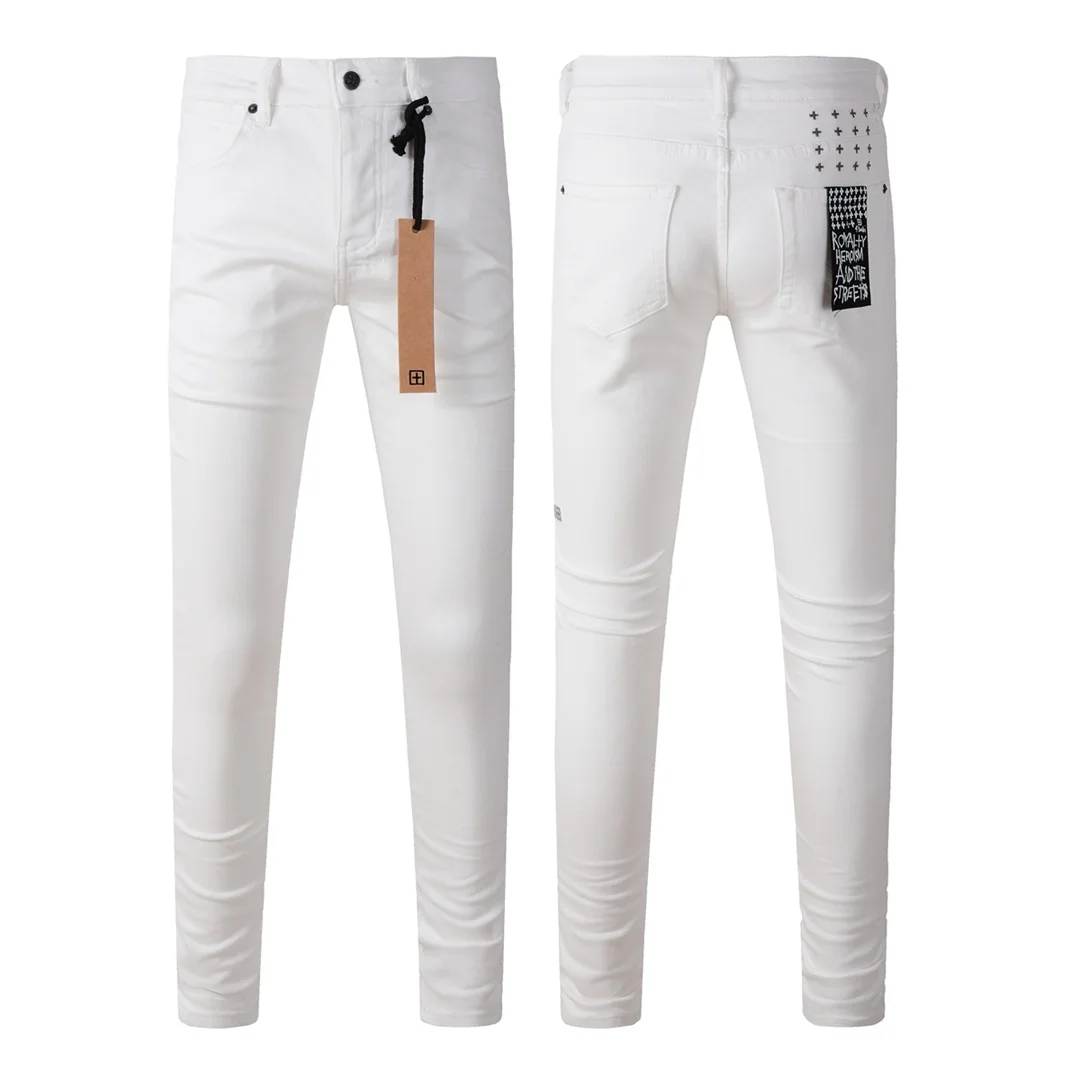 Pure White Fashion Men Jeans KSUBI Cross High Street Hole Trend Low Rise Skinny Denim Pants Pleated Ripped Frayed Trousers 3026