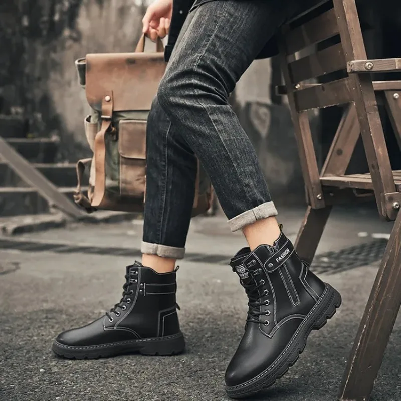 Мужские ботинки, модные повседневные высокие ботинки, кожаные короткие ботинки высокого качества, мужские мотоциклетные ботинки, ботильоны на шнуровке, Botas Hombre