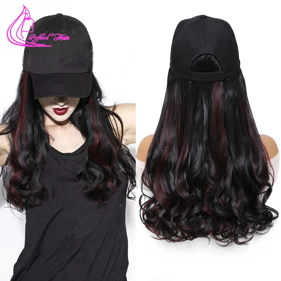 Synthetic Wig Hat With Wave Ends Hair Extensions Hat Wigs for Black White Women Girls Mix Black Brown Blonde Burgundy color