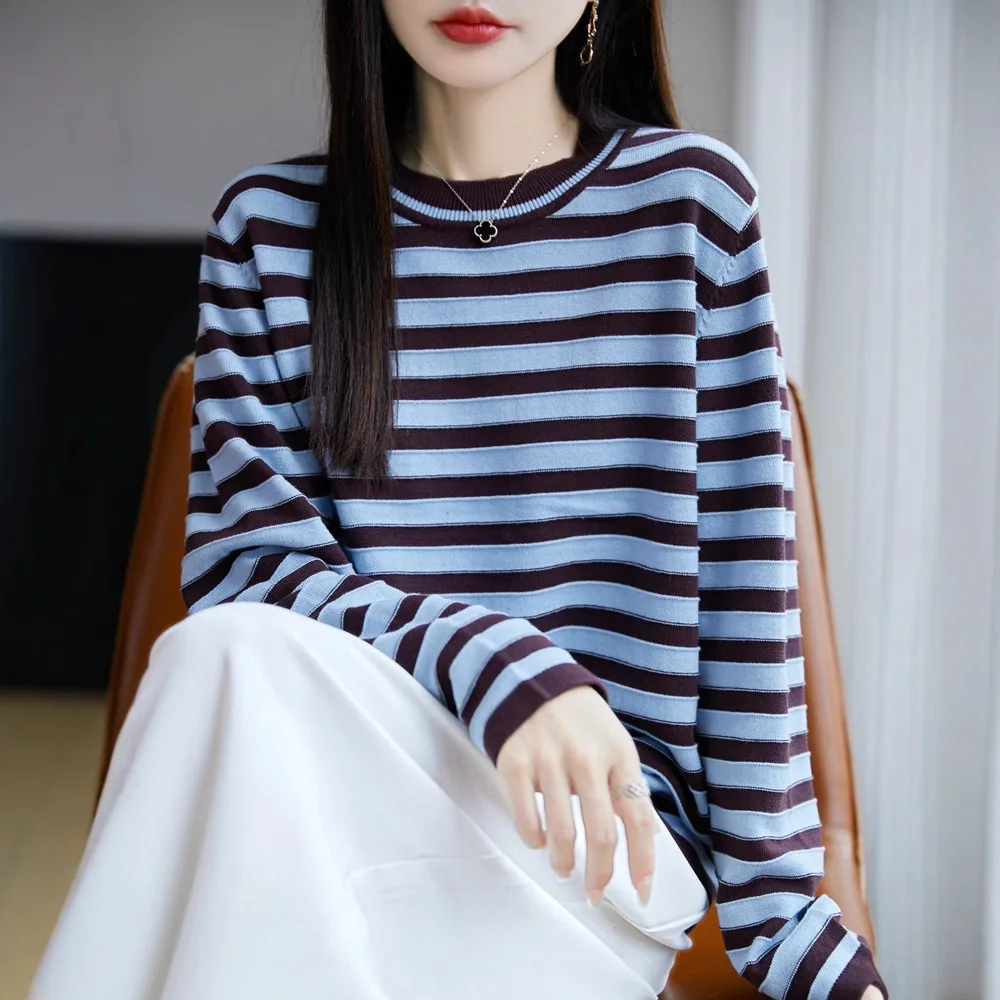 

Lazy Style Striped Patchwork Korean Casual Style Women's Sweater Loose Fit Long Sleeve round Neck Knitwear Pure Cotton Thread