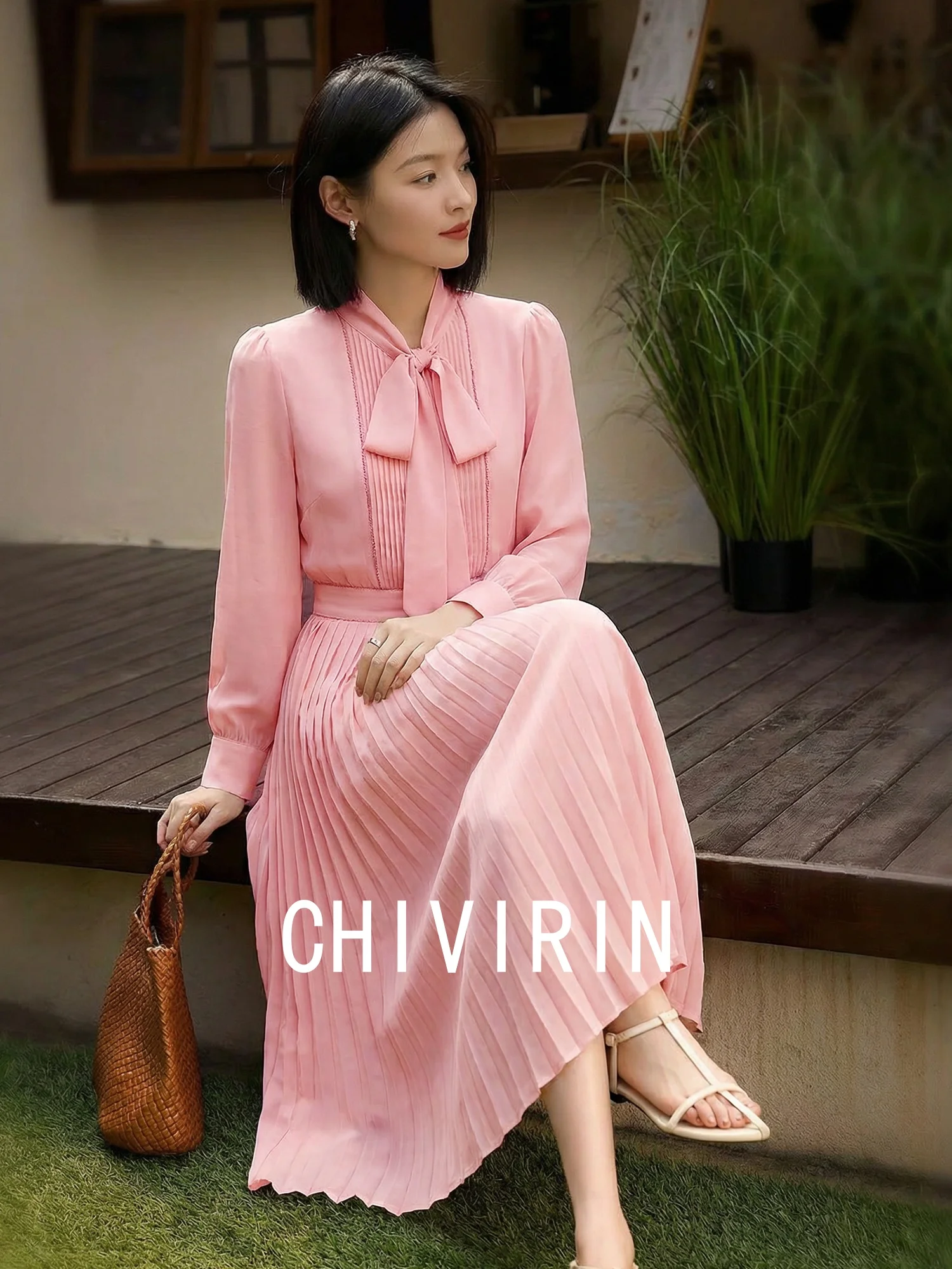 

Ele Pleated Sakura Pink Knot Slimming Skirt Spring Faion Women's Chiffon Dr Chivirin Casual Breathable Lon...