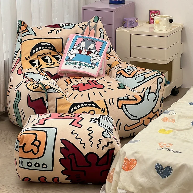 Creative Graffiti Bean Bag Sofas 1-person Tatami Chair Nordic Bean Bag Chaise Lounge Living Room Furniture with Foot Pedals