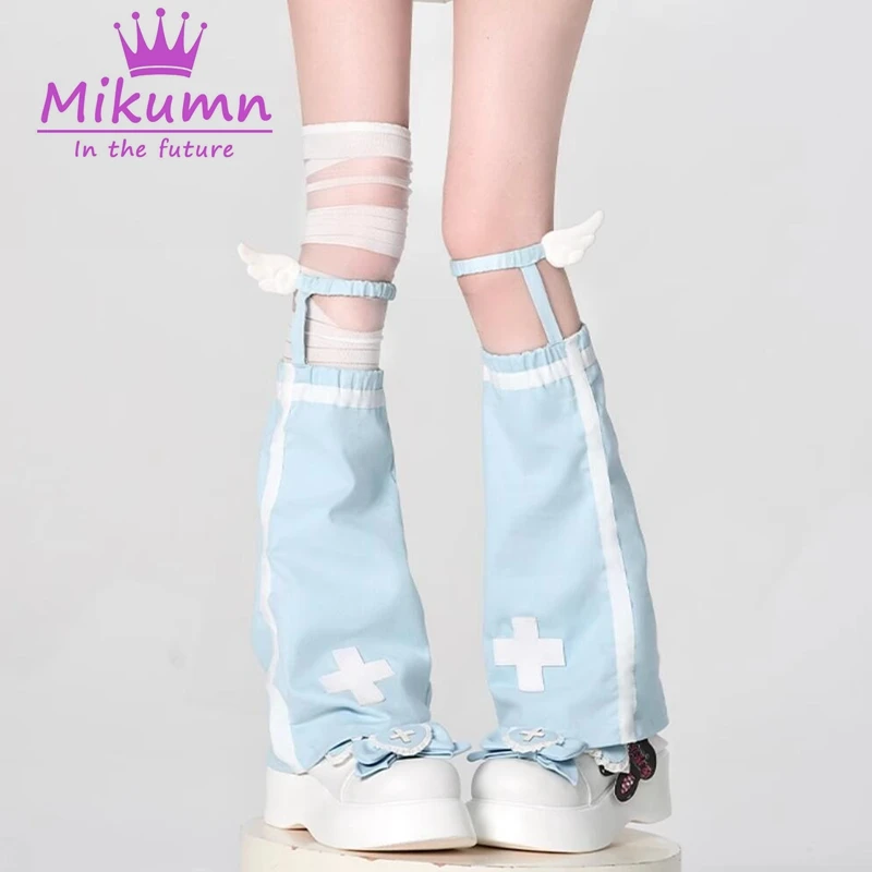 Mikumn Harajuku blu bianco rosa croce pizzo scaldamuscoli calzini donna Y2k ali d\'angelo copertura elastica gamba giapponese Kawaii stivali calzini