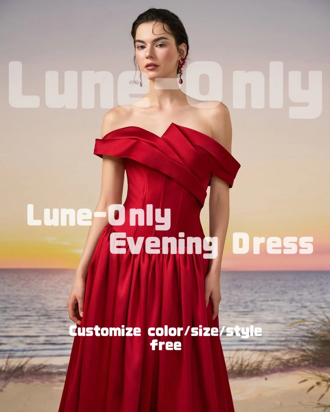 Sukienki wieczorowe damskie z satyny w kolorze czerwonym, z odkrytymi ramionami, drapowane, asymetryczne, eleganckie suknie na przyjęcie, bal, formalne okazje.