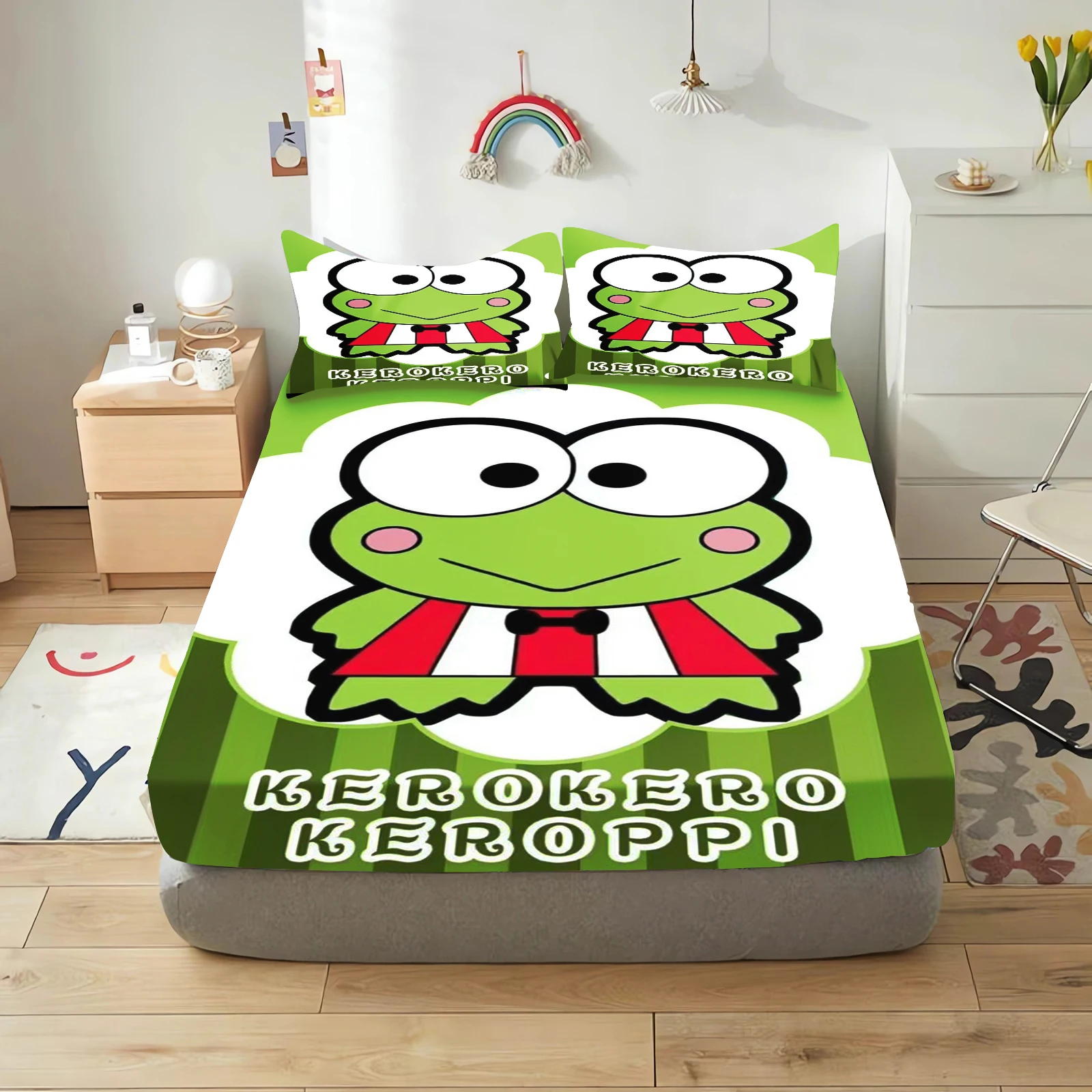 Foglio con angoli per cartoni animati Keroppi Big Eyed Frog, copertura per fogli di copertura, copertura elastica, biancheria da letto con stampa