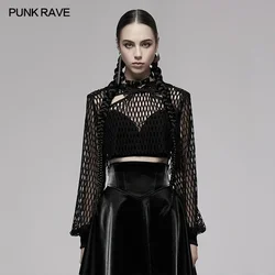 PUNK RAVE Women's Gothic Short Hollow Mesh Chinese Style Long Sleeve Sweatshirt Hooded Fashion Black Tops Spring/Autumn