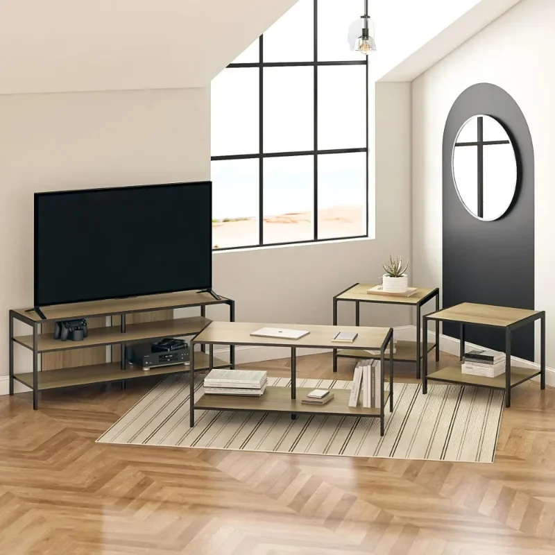 Living Room in a Box, 4-Piece Set with Reversible Tops, Natural and Black, tv stand living room furniture