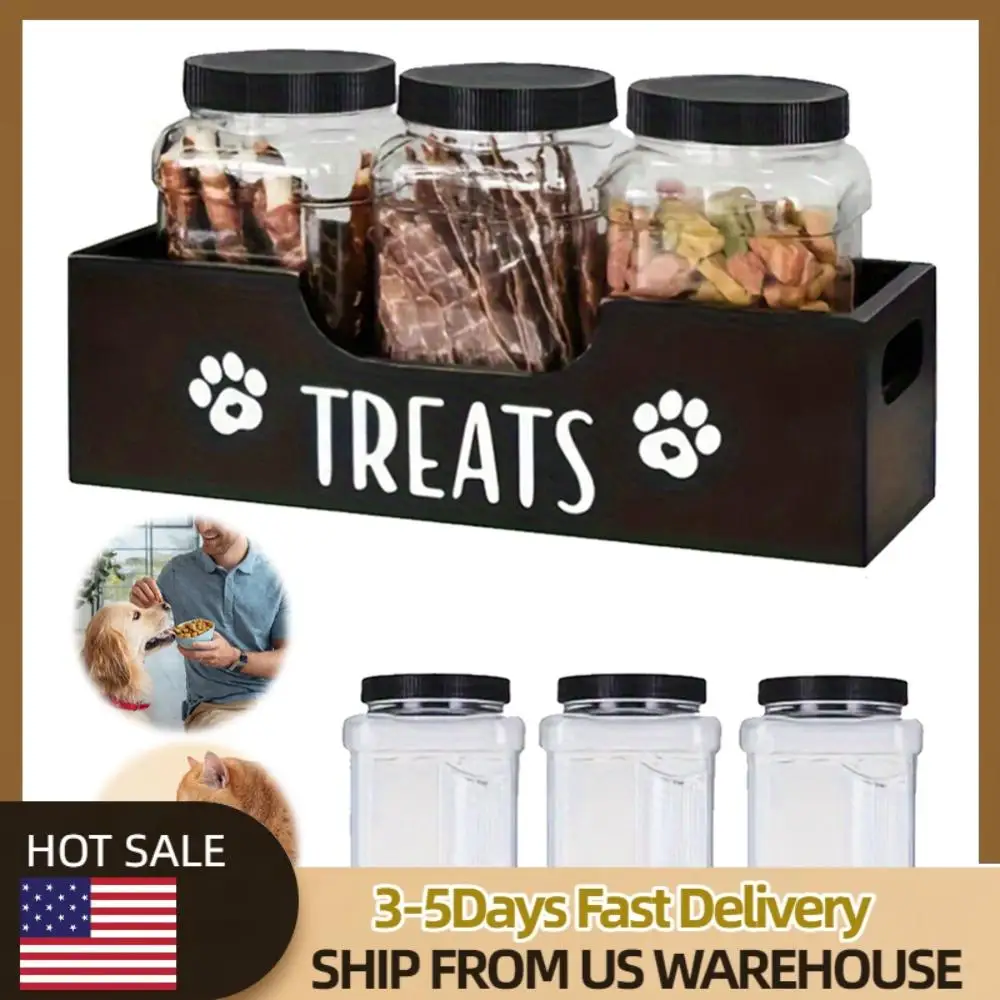 

Wooden Pet Snack Storage Box with Plastic Treat Jar Food Storage Holder (Black)