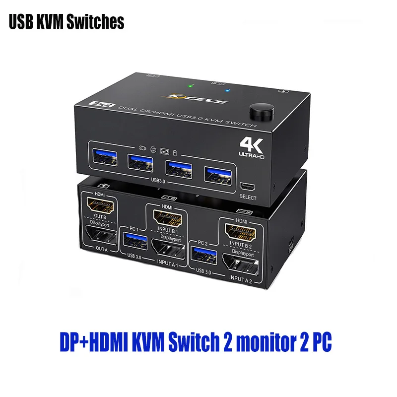 

USB 3.0 Dual Monitor KVM Switch HDMI+Displayport 4K@60Hz,2K@120Hz,KVM Switch for 2 Computer Share 2 Display and 4 USB3.0 Devices