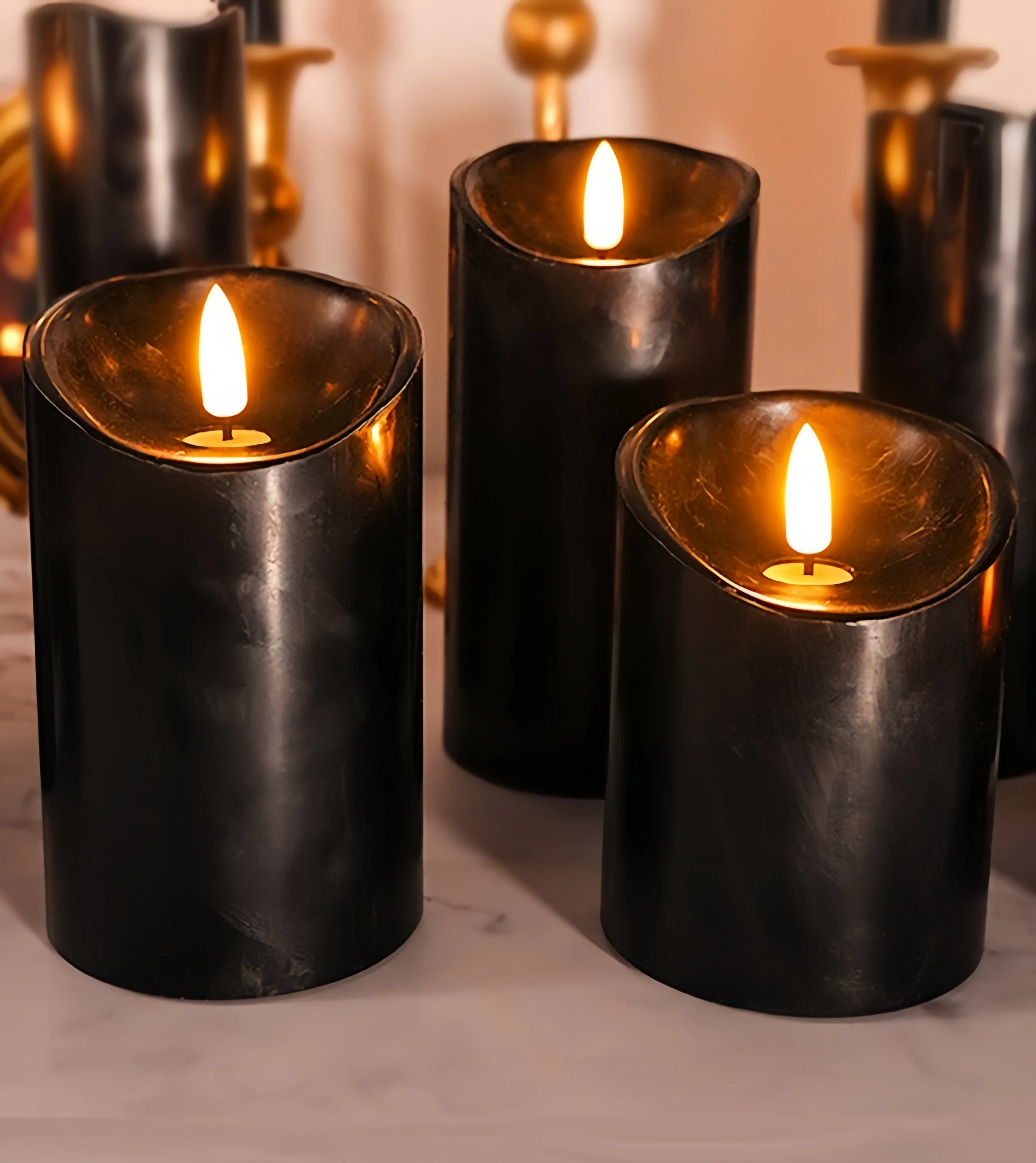 

Набор из 3 черных 3D-свечей-столбиков с эффектом пламени, без пламени, на батарейках, с пультом ДУ и таймером, мерцающие, для тематических вечеринок и праздников