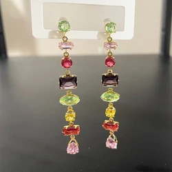 Luxury Rainbow CrystalDangle Drop Earrings for Women Wedding Party Jewelry Accessories Gorgeous Cubic Zirconia Bridal Brincos
