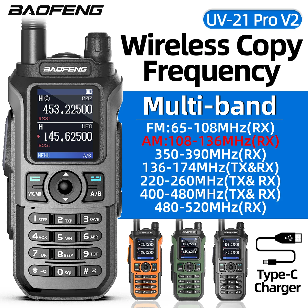 Baofeng UV-21 Pro V2 Walkie Talkie Multi-band Wireless Copy Frequency Waterproof Long Range Type-C Two Way Radio For Camping