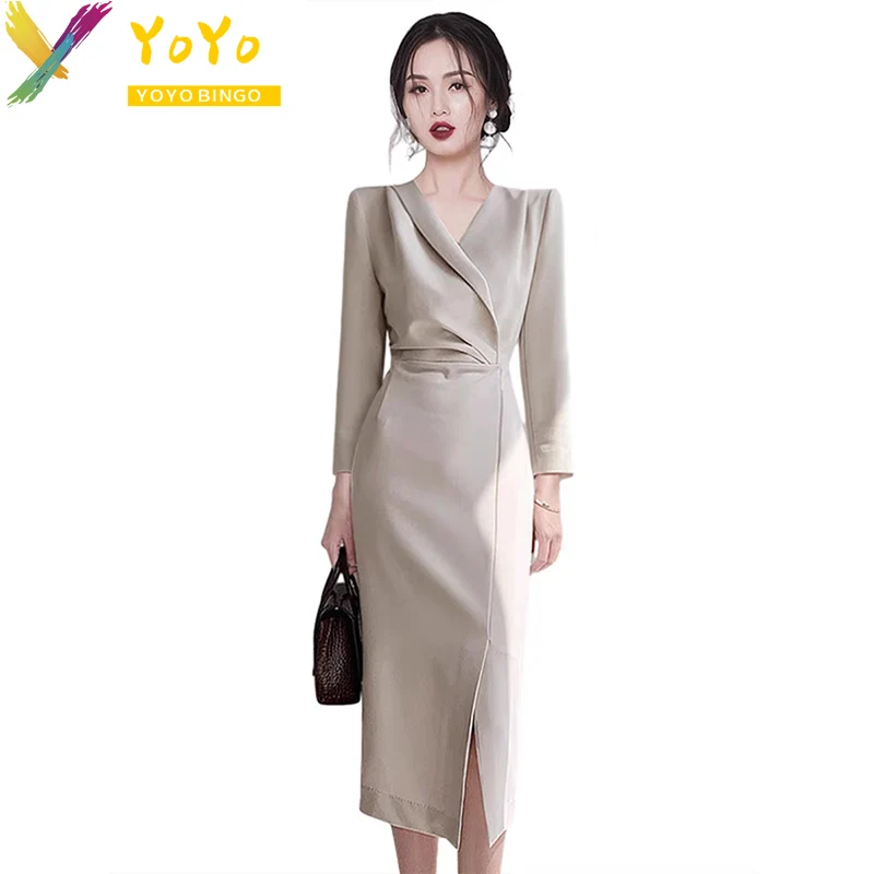 

Elegant Formal Apricot OL Simple Long Sleeve O-neck Dress 2023 Autumn Winter Slim Bodycon Office Lady Work Dress