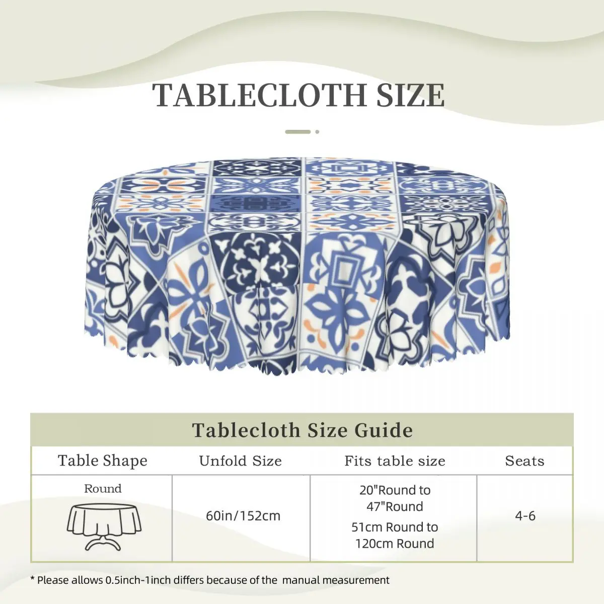 الأزرق البرتغالية بلاط مفرش المائدة مستديرة مقاوم للماء البرتغال Azulejo زهرة الجدول القماش غطاء لغرفة الطعام 60 بوصة #6