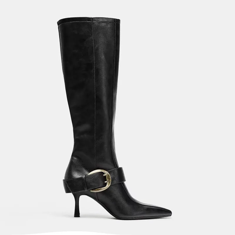 Pointed Toe High Heels Women's Boots Leather Buckle Knee-High Boots Women Designer Style Slip on Winter Sexy Thin Heel Booties 3 image 6