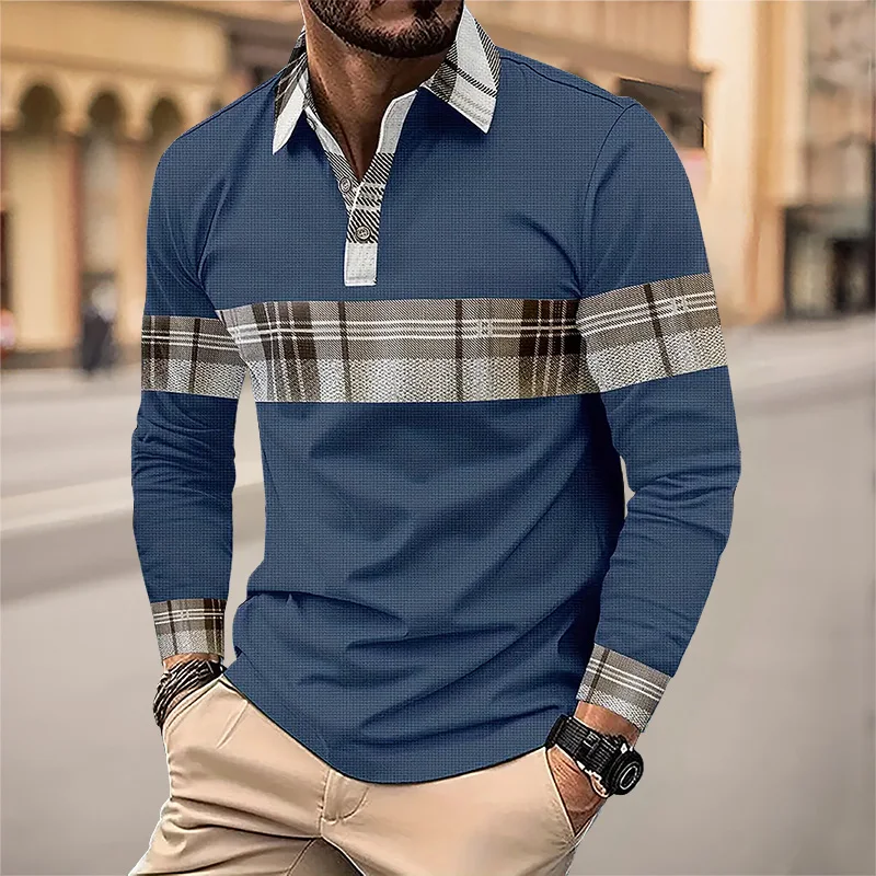 Men's long sleeved Polo shirt 2024 new Spring and Autumn plaid casual fashion lapel shirt European and American large size