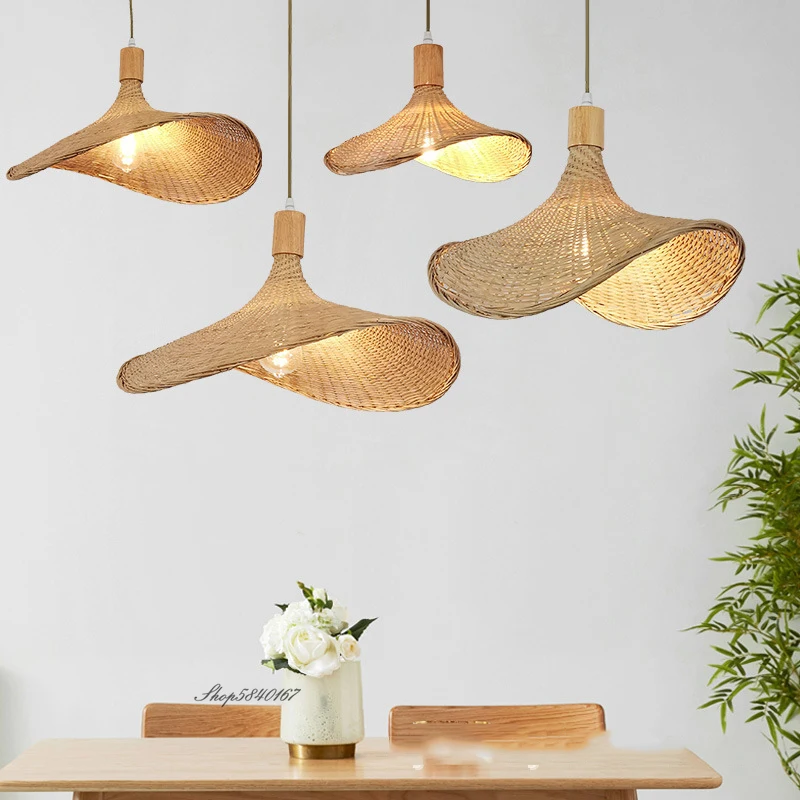 Restaurant, coffee shop, bar, woven bamboo pendant light, Chinese tea room, rattan hand woven light, straw hat pendant light