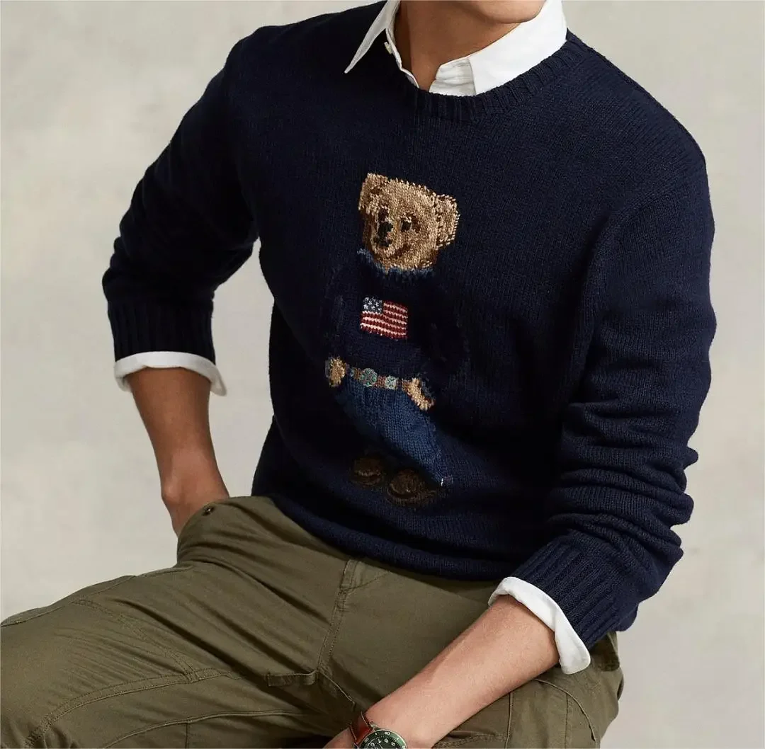 Autumn/winter New Classic Embroidery National Flag Bear Cub Round Neck Casual Commuting Versatile Knitted Top Small Horse